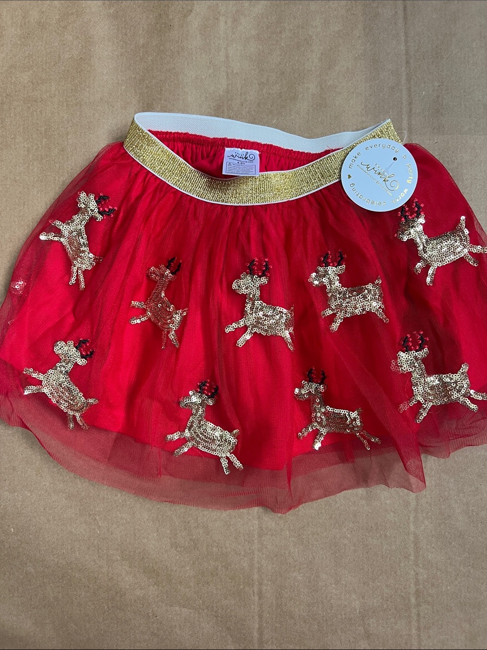 Sweet Wink Red Tulle Skirt with Gold Sequin Reindeer new